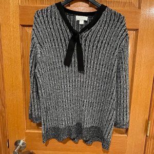 CJ BANKS Womens Plus 1X Cable Knit Sweater V-Neck Long Sleeve Gray Black Tie EUC